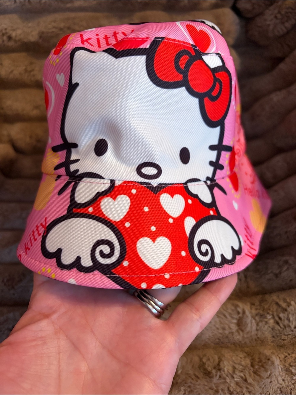Hello Kitty Pink and Red Heart Print Bucket Hat